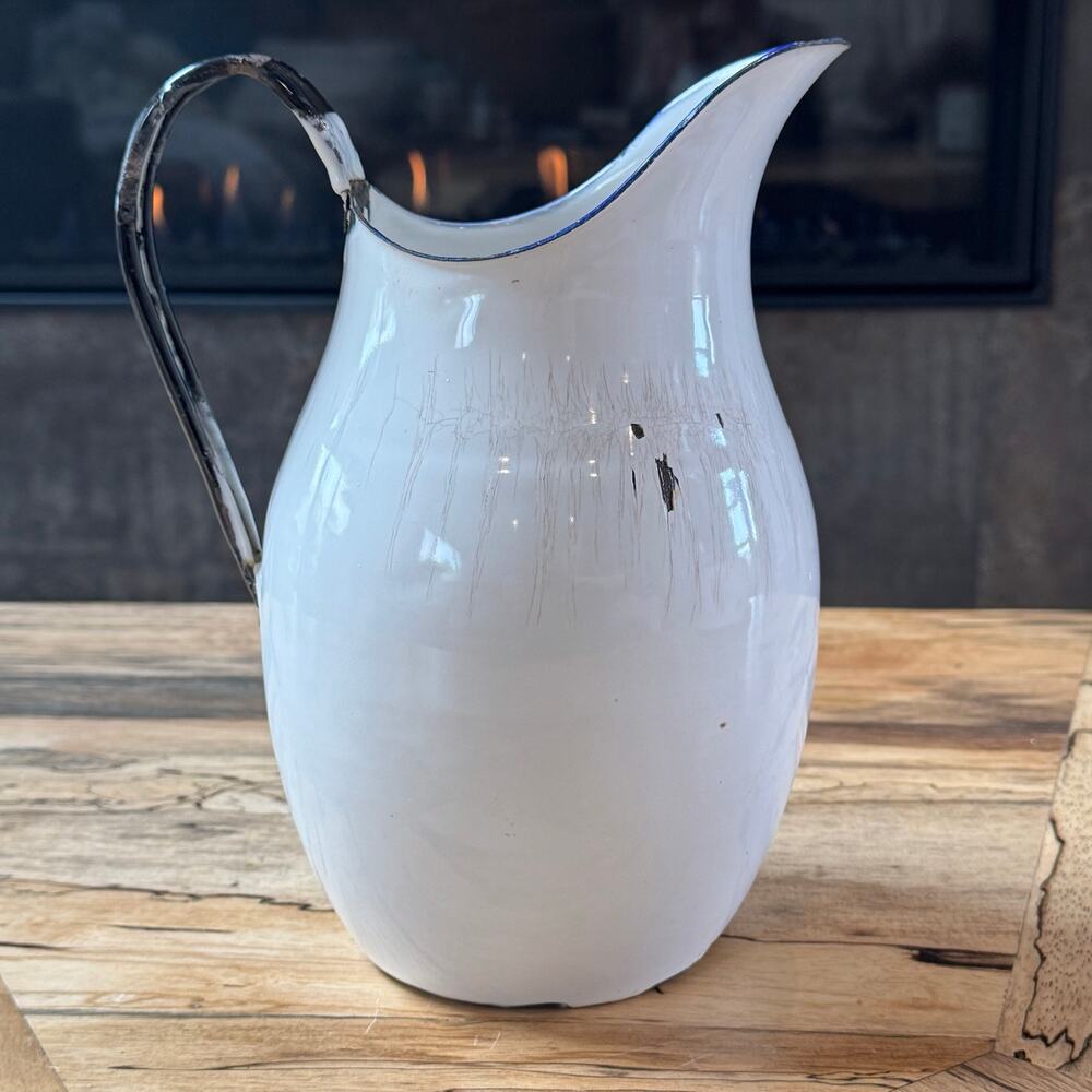 Vintage White Enamelware Pitcher Blue Trim 9.5” Large Farmhouse Water Jug As Is